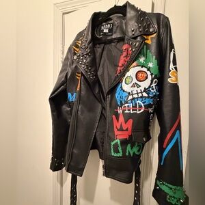 Studded R3bel Graphic Faux Leather Biker Jacket - Black with Multicolor Graffiti